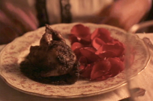Quails in rose petal sauce in the scene from Like Water for Chocolate